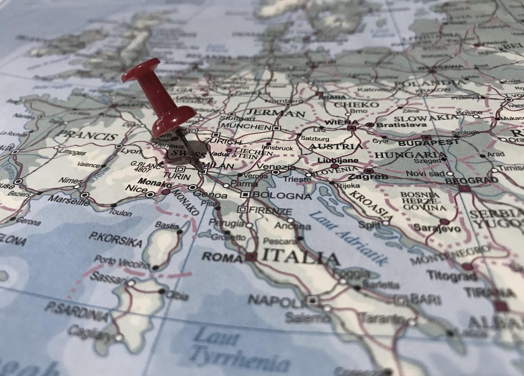 European business map with Italy highlighted